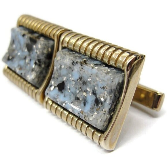 Vintage Blue Marble Gold Tone Vintage Cufflink Set with Stick Pin - Picture 12 of 12